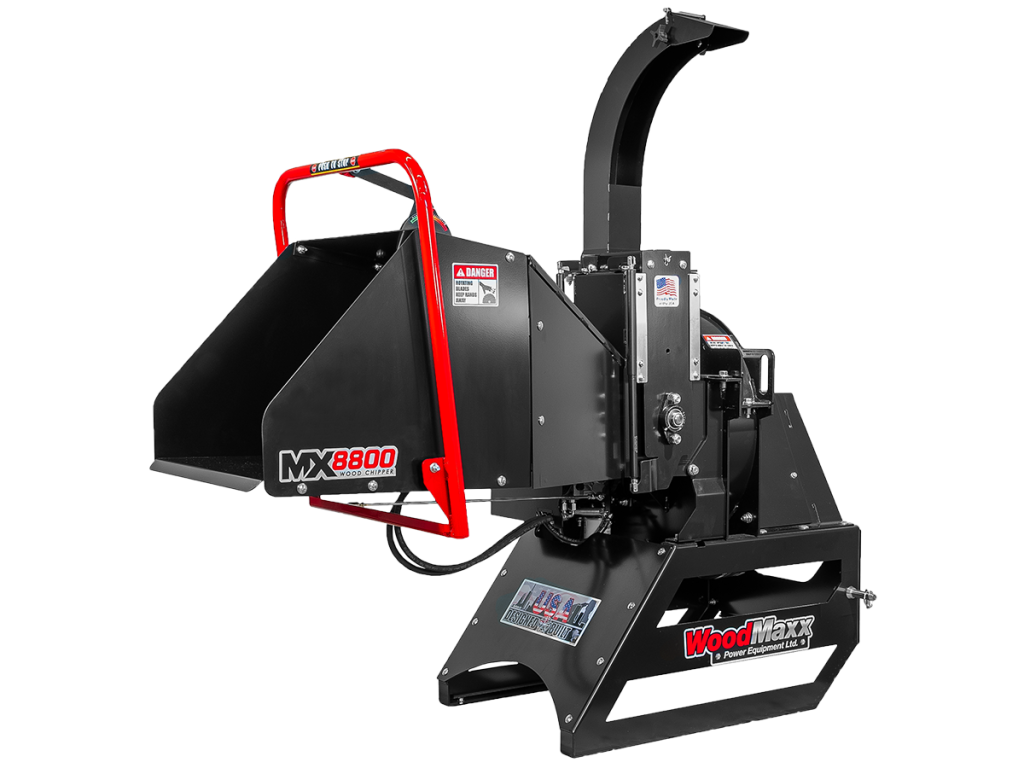 WoodMaxx MX-8800 wood chipper with red safety handle, designed for efficient wood processing.