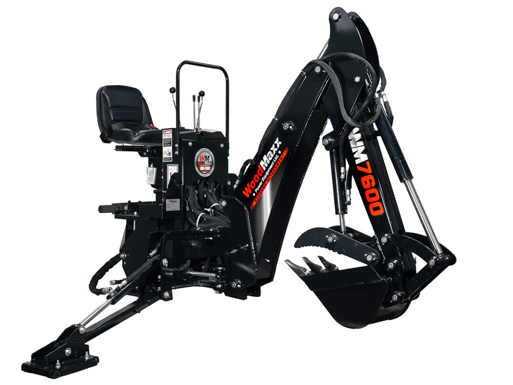 WoodMaxx WM-7600 backhoe attachment with controls and seat, ideal for heavy-duty digging tasks.
