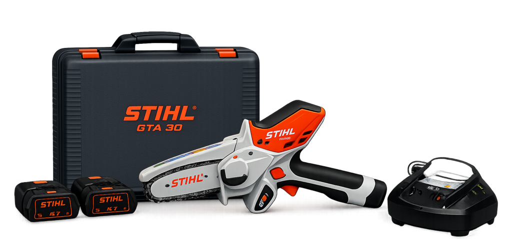 STIHL GTA 30 pruning saw set with batteries, charger, and case designed for convenient gardening tasks.